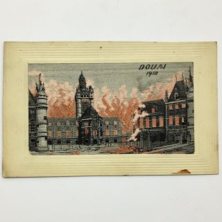 Military Postcard - Ww1 Silk - Flames Series - Douai 1918 Rare