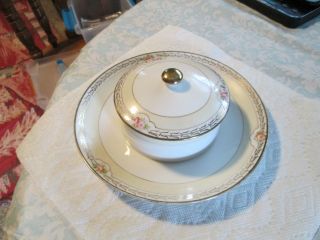 Rare= Nippon Hand Painted Gold Trim,  Floral & Attached Dip Plate Bowl,  Lid