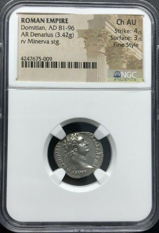 Roman Empire - Domitian - Ad 81 - 96 Ar Silver Denarius Ngc Ch Au Fine Style Rare
