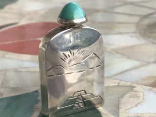 Rare Vintage Sterling Silver Perfume Bottle Hand Etched With Turquoise Top