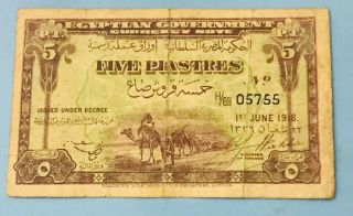 Egypt 5 Piastres1918 Camel Banknote P - 162.  Signed Youssef Wahba V.  Rare Vf