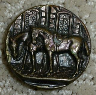 Rare 2 English Saddled Horses In Yard 1 3/8 " Antique 2 Pc Metal Picture Button