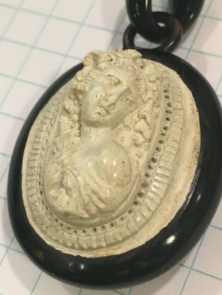 Antique 1860 ' s Victorian Whitby Jet 3 - D Lava Cameo Large Oval Pendant RARE 3