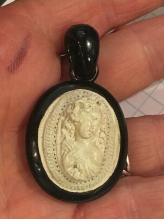 Antique 1860 ' s Victorian Whitby Jet 3 - D Lava Cameo Large Oval Pendant RARE 6