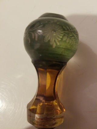 Rare Antique Bohemian Etched Cut To Clear Green & Yellow Crystal Finial