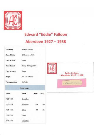 Eddie Falloon Aberdeen 1927 - 1938 Rare Hand Signed Cutting/card