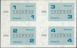 Lithuania 1,  2,  3,  4 Talonas (1992 February) Unc Food Talonai Very Rare
