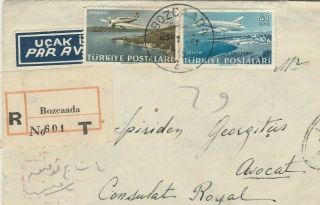 Turkey - Egypt Reg.  Airmail Letter Sent Bozcaada To Alex Tied Rare Air Stamps 1951