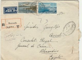 TURKEY - EGYPT Reg.  Airmail Letter Sent Bozcaada to Alex Tied Rare Air Stamps 1951 2