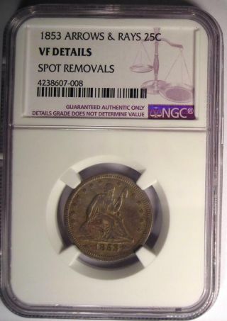 1853 Arrows & Rays Seated Liberty Quarter 25C - NGC VF Details - Rare Type Coin 2