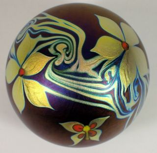 Rare Steven Correia Signed Butterfly & Flower Iridescent Art Glass Paperweight