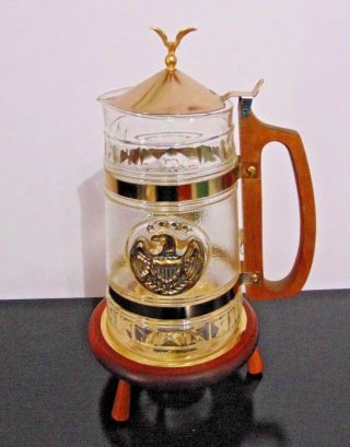 Rare Vintage Americana Gold Trimmed Glass Carafe W/warming Stand 1950 
