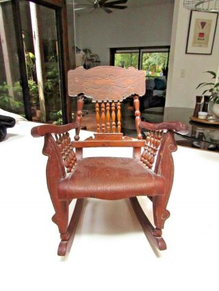 Rare Vtg Carved Antique Doll Wood Rocking Chair Victorian 9 " Art Decor Hand Made