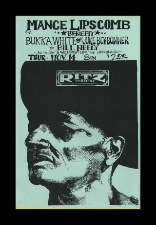 1974 Rare Mance Lipscomb Bukka White J Franklin Austin Ritz Blues Concert Poster
