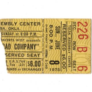 Bad Company Concert Ticket Stub Tulsa Oklahoma 6/8/75 Straight Shooter Rare