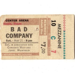 Bad Company Concert Ticket Stub San Antonio Texas 5/21/77 Burnin Sky Tour Rare