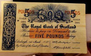 The Royal Bank Of Scotland 5 Pounds 1957 Rare G14126/5001
