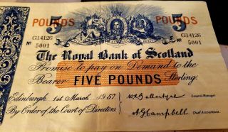 THE ROYAL BANK OF SCOTLAND 5 POUNDS 1957 RARE G14126/5001 4