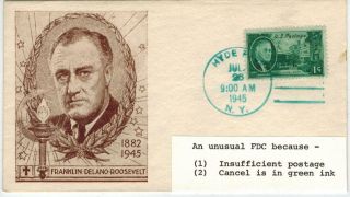 Fdr Franklin Roosevelt 930 - 7a Unusual Rare Blue Green Cancel,  Underpaid Postage