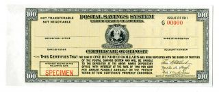 Washington,  D.  C.  Postal Savings System,  Specimen 1911 $100 Cd Unc.  Abn Rare
