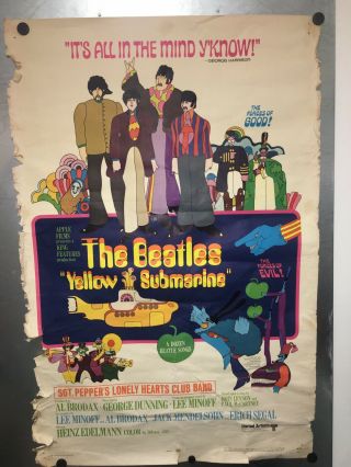 Vintage Beatles “yellow Submarine” Movie Theater Poster: Rare 27” X 41”