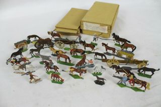 30 Vintage Tin Flats Zinnfiguren Scholtz Box Farm Horse Colonial Wagon Rare Toy