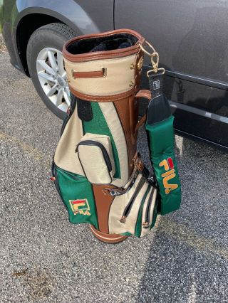 Fila Golf Staff Tour Cart Bag Tan/green With Rain Cover Rare