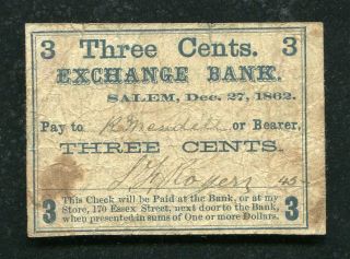 1862 3 Three Cents Exchange Bank S.  F.  Rogers Salem,  Ma Obsolete Scrip Note Rare