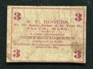 1862 3 THREE CENTS EXCHANGE BANK S.  F.  ROGERS SALEM,  MA OBSOLETE SCRIP NOTE RARE 2