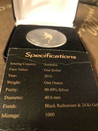 2016 Australi Kangaroo BLACKOUT Silver 1 dollar coin Ruthenium & 24K Gold Rare 3