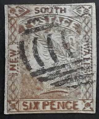Rare 1852 - Nsw Australia 6d Chocolate Brown Laureate Stamp Part Dbl Imprssn