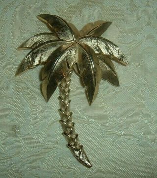 Stunning Rare Vintage Crown Trifari Large Brushed Gold - Tone Palm Tree Pin Brooch