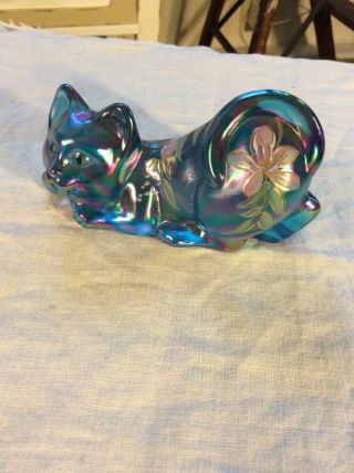 Rare Fenton Art Glass Pouncing Cat Crouching Kitty Blue Teal Handpainted Signed
