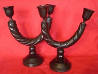 Rare Antique Wooden Double Candlesticks,  Twisted Rope Design