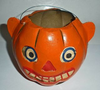 Rare Antique Halloween Paper Mache Jol With Ears Candy Container Orig.  Insert