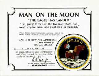 , Rare Apollo 11 Moon Landing Boeing Service Certificate,  Patch Decal