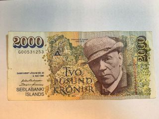 Rare Iceland 2000 Kronur Note May 5,  1986 Sedlabanki Islands