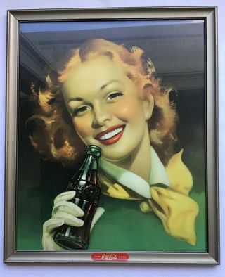 1950s German Trink Coca Cola Cardboard Sign And Frame Rare Nm,  Girl With Bottle