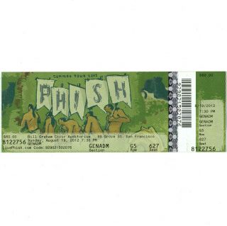 Phish Concert Ticket Stub San Francisco 8/19/12 Bill Graham Civic Ptbm Rare
