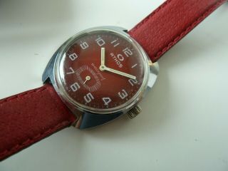 RARE VINTAGE ATHOS GENTS WATCH.  RED DIAL 1950 ' S 2