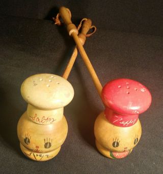 Rare Vintage Bbq Grill Cat Salty And Peppy Wooden Salt Pepper Shakers 15 "