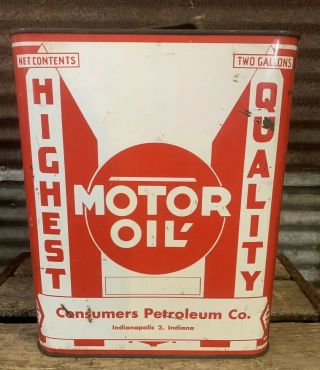 Rare Vtg Highest Quality Consumers Petroleum 2 Gallon Motor Oil Can Indianapolis