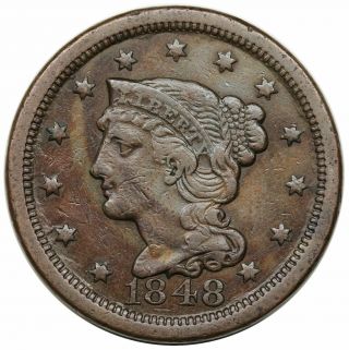 1848 Braided Hair Large Cent,  Rare N - 15,  R5,  Vf,  Detail
