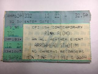 Pink Floyd Vintage 1994 Concert Ticket Stub Kc,  Mo Arrowhead Stadium 6/20/94 Rare