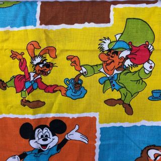 RARE Vintage Disney Character Twin flat Sheet Fabric Bambi Mickey Alice Donald 2