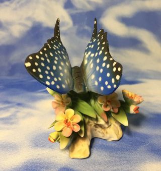 Rare Vintage Capodimonte Porcelain Blue Butterfly Figurine Flowers Guc