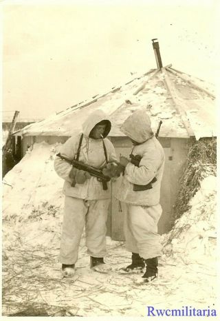Lg.  Port.  Photo: Rare Wehrmacht Soldier In Snow Camo W/ Mp - 40 Sub - Mg; Russia