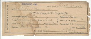 Rare Wells Fargo & Co Receipt From Callifornia Ghost Town Zabriskie 1916 T&t Rr