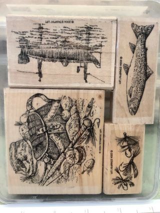 Retired Very Rare Stampin Up Angler Wood Mount Stamp Set Fishing,  Boat,  Masculine