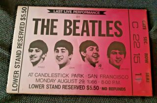 Rare The Beatles 1966 Last Live Performance At Candlestick Park Promo Ticket Vg